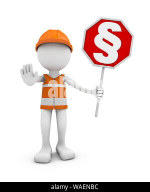Ein Mann in einem Helm hält ein Schild mit einem Absatz. 3D-Rendering Stockfoto