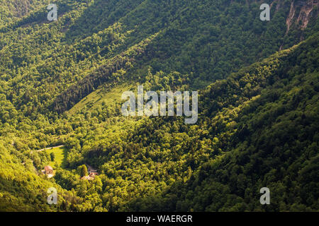 Blick vom Col de la Machine mit Wald im Combe Laval Regionaler Naturpark Vercors Frankreich Stockfoto