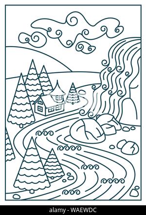 Abbildung: Natur Landschaft - Wasserfall, den Fluss und die Berge. Kunst Linienstil an. Stock Vektor
