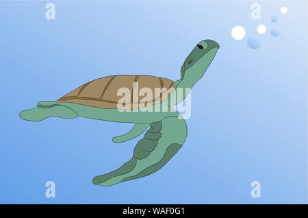 Schildkröte schwimmt unter Wasser, Vector, blaue Meer Stock Vektor