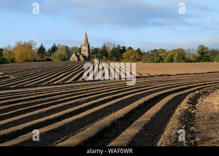 Gepflügte Feld mit Blick in Richtung Kirche und Turm, in der Nähe von wilcove in South East Cornwall Stockfoto