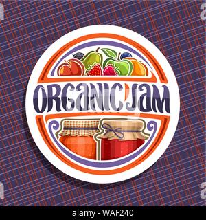 Vektor Logo für ökologische Marmelade, weiße runde Symbol mit 2 hausgemachte Behälter abgedeckt kariertem Stoff und gebunden Bogen auf Deckel, ursprünglichen Bürste Schriftzug für w Stock Vektor