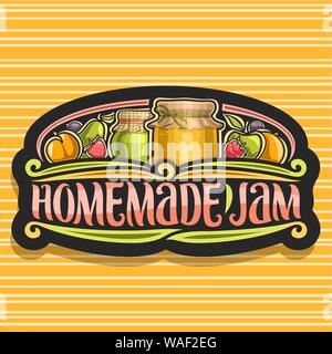 Vektor logo für hausgemachte Marmelade, dunkel retro Schild mit 2 hausgemachte Behälter abgedeckt kariertem Stoff und gebunden Bogen auf Deckel, Pinsel Schriftzeichen für Wörter Stock Vektor