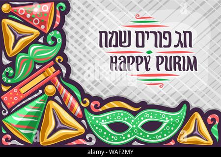 Vektor Grußkarte für Purim Urlaub mit Platz kopieren, original Schriftzug für Wörter glücklich Purim in Hebräisch auf grau Abstract Background, koschere oznei h Stock Vektor