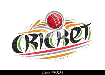 Vektor logo für Cricket Sport, kreative Kontur Abbildung des Schlagens der Ball im Ziel, original dekorative Pinsel Schrift für Wort Cricket, vereinfachende Stock Vektor