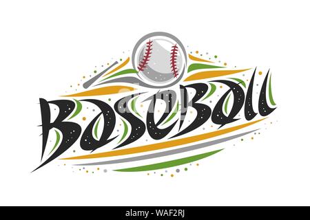 Vektor logo für Baseball, umriss Abbildung des Schlagens der Ball im Ziel, original dekorative Pinsel Schrift für Wort Baseball, abstrakte vereinfachende Warenkorb Stock Vektor