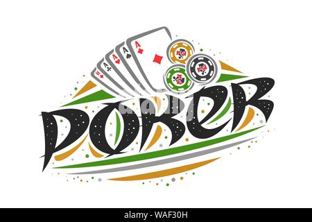 Vektor logo für Poker Spiel, kreative Darstellung der vier Asse der verschiedenen Anzüge, original dekorative Pinsel Schrift für Word poker, abstrakte simplis Stock Vektor