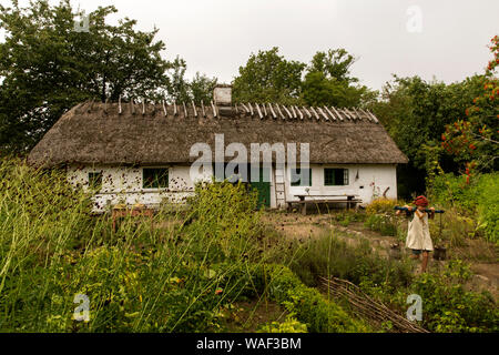 Das 19. Jahrhundert Landhaus mit Reetdach in Lejre Museum im Freien gesehen - "Land der Legenden" - am 14. August 2019, in der Lejre in Dänemark. Das Freilichtmuseum nimmt etwa 45 Hektar und ist ein Teil der Nationalen Museum für Dänemark. Hier trifft sich die Freiwilligen in den Kostümen der Zeit gekleidet als Teil der "Living History"-Konzept als Viking, Bügeleisen alter Dorfbewohner etc. Das Museum ist 13 Km westlich von Roskilde und 50 km westlich von Kopenhagen. Stockfoto