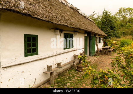 Das 19. Jahrhundert Landhaus mit Reetdach in Lejre Museum im Freien gesehen - "Land der Legenden" - am 14. August 2019, in der Lejre in Dänemark. Das Freilichtmuseum nimmt etwa 45 Hektar und ist ein Teil der Nationalen Museum für Dänemark. Hier trifft sich die Freiwilligen in den Kostümen der Zeit gekleidet als Teil der "Living History"-Konzept als Viking, Bügeleisen alter Dorfbewohner etc. Das Museum ist 13 Km westlich von Roskilde und 50 km westlich von Kopenhagen. Stockfoto