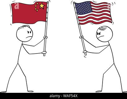 Vektor cartoon Strichmännchen Zeichnung konzeptuelle Abbildung von zwei böse Männer, Politiker oder Unternehmer holding Flaggen der USA oder die Vereinigten Staaten und China. Konzept der Handel Krieg und Konflikt. Stock Vektor