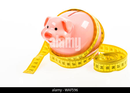 Planung Budget. Business problem. Begrenzt oder eingeschränkt. Kredit Darlehen schulden. Sparschwein und Maßband. Budget limit Konzept. Financial Consulting. Wirtschaft und Finanzen. Pig trap. Haushalt Krise. Stockfoto