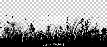 Wiese Hintergrund mit Schmetterlingen. Transparency Raster Design. Vector Illustration. Stock Vektor