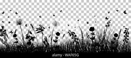 Wiese Hintergrund mit Schmetterlingen. Transparency Raster Design. Vector Illustration. Stock Vektor