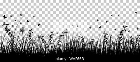 Wiese Hintergrund mit Schmetterlingen. Transparency Raster Design. Vector Illustration. Stock Vektor
