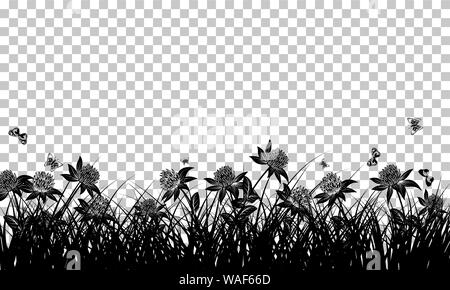 Wiese Hintergrund mit Schmetterlingen. Transparency Raster Design. Vector Illustration. Stock Vektor