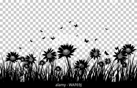 Wiese Hintergrund mit Schmetterlingen. Transparency Raster Design. Vector Illustration. Stock Vektor