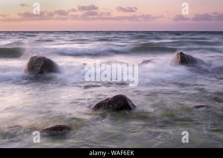 Steine, die von Wellen an der Ostseeküste im Abendlicht gewaschen, Mon Island, Dänemark Stockfoto