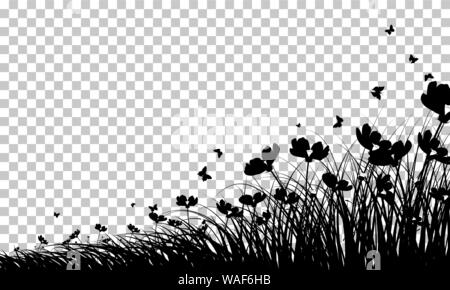 Wiese Hintergrund mit Schmetterlingen. Transparency Raster Design. Vector Illustration. Stock Vektor