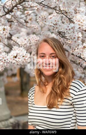 Touristische, junge Frau vor der Blüte Kirschblüten, japanische Kirschblüte im Frühling, Kyoto, Japan Stockfoto