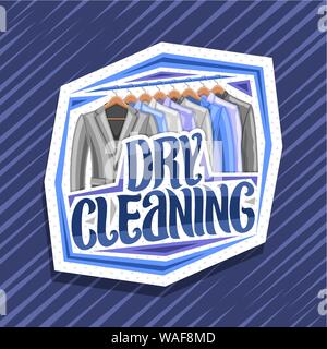 Vektor logo für Chemische Reinigung, weiß dekorative Namensschild mit der Abbildung des modernen Jacken und Hemden hängen an Haken, original Pinsel Schriftzug fo Stock Vektor