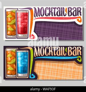 Vektor Banner für Mocktail Bar mit Kopieren, 2 alkoholfreie Getränke, original Schriftzug für Wörter mocktail Bar, gekühlte alkoholfreie Cocktails wit Stock Vektor