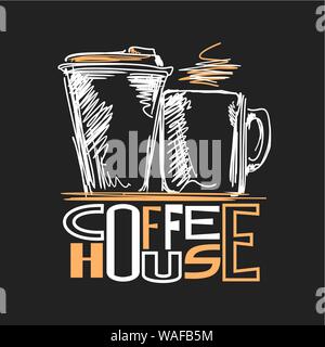 Vektor logo für Coffee House, dekorative Beschilderung mit Pappe Kaffee Tasse und Becher mit heißen Getränken auf schwarzem Hintergrund, Poster mit modernen Chalk ske Stock Vektor