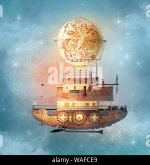Fantasy steampunk Luftschiff fliegen in einem Sternenhimmel Stockfoto