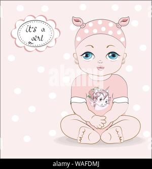 Das Baby Mädchen mit blauen Augen, sitzt in einem rosa Body mit Einhorn drucken, es ist ein Mädchen. Können für den t-shirt Druck verwendet werden, Kinder tragen Fashion design, baby Stock Vektor