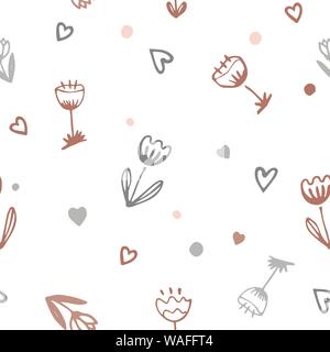 Vektor nette romantische nahtlose Muster mit Doodle cartoon Blumen und Herzen. Kinder und Mädchen, trendige Hintergrund Stock Vektor