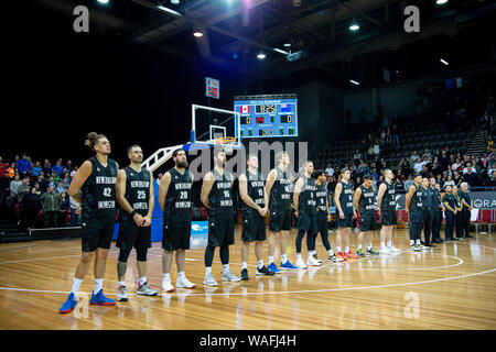 20. August 2019; Quay Centre, Sydney, Australien; Internationaler Basketball, Kanada gegen Neuseeland groß Schwarze; die hohen Schwarzen während ihrer Nationalhymne - redaktionelle Verwendung. Stockfoto