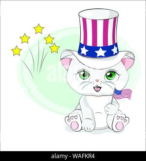 Schöne süße Katze Kätzchen wünscht ein frohes Tag der Unabhängigkeit nach Amerika, amerikanische Flagge clip art Stock Vektor