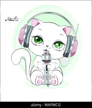 Schöne niedliche kleine weiße Katze, Kopfhörer und das Mikrofon, singt das Lied Stock Vektor