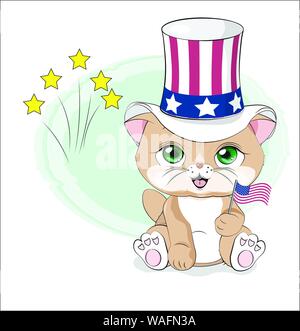 Schöne süße braune Katze Kätzchen wünscht ein frohes Tag der Unabhängigkeit nach Amerika, amerikanische Flagge clip art Stock Vektor