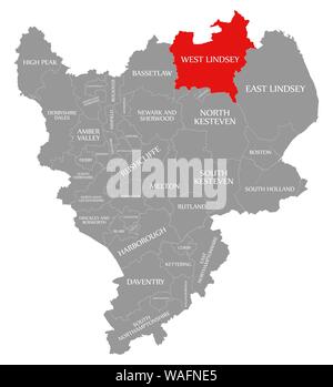 West Lindsey in Rot hervorgehoben Karte von East Midlands England Großbritannien Stockfoto