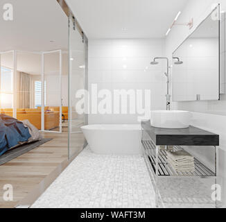 Modernes Bad im Schlafzimmer. 3D-rendering Konzept Stockfoto