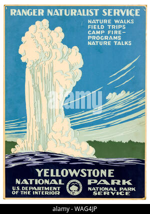 Vintage Travel Poster, Yellowstone National Park, Ranger Naturforscher, Old Faithful Geyser, circa 1938, 1930er Jahre Stockfoto