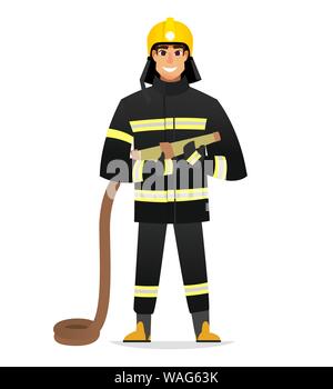 Lächelnd Feuerwehrmann, Mann von Feuerwehr, ständigen Full Face in Form von Feuerwehrmann, mit persönlicher Schutzausrüstung, Bunker oder wahlbeteiligung Gang. Vektor Stock Vektor