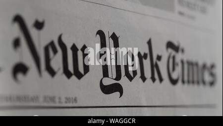 NEW YORK, USA - ca. August 2019: New York Times Zeitung header anmelden Stockfoto