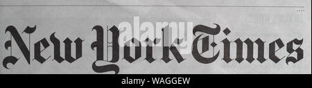 NEW YORK, USA - ca. August 2019: New York Times Zeitung header anmelden Stockfoto