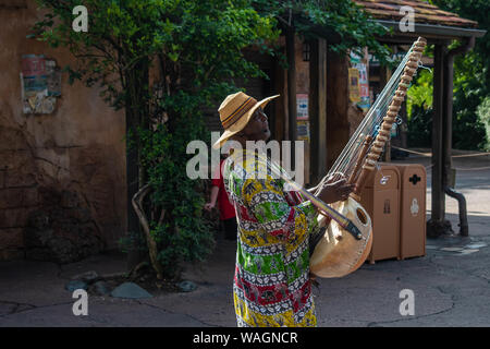 Orlando, Florida. August 14, 2019. Afrikanische Musiker spielen, typische Streichinstrument im Tierreich Stockfoto