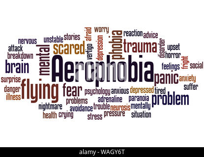 Aerophobia Flugangst cloud Konzept auf weißem Hintergrund. Stockfoto