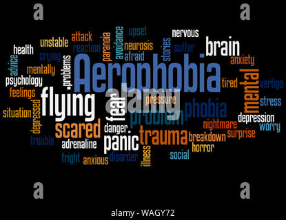 Aerophobia Flugangst cloud Konzept auf schwarzem Hintergrund. Stockfoto