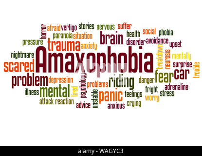 Amaxophobia Angst vor dem Reiten in einem Auto word cloud Konzept auf weißem Hintergrund. Stockfoto