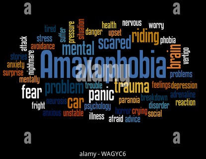 Amaxophobia Angst vor dem Reiten in einem Auto word cloud Konzept auf weißem Hintergrund. Stockfoto