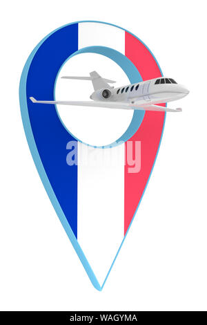 Eigenes Flugzeug mit Pin navigation Flagge Frankreich. 3D-Rendering Stockfoto