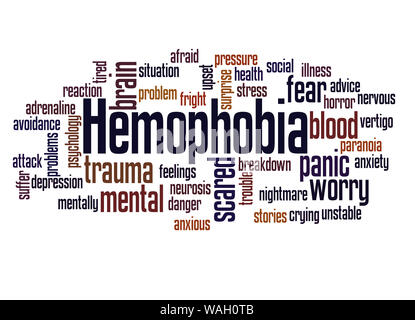 Hemophobia Angst vor Blut Wort cloud Konzept auf weißem Hintergrund. Stockfoto