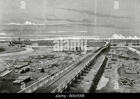 Spanien, Andalusien, Hafen von Huelva. Rio Tinto Pier. Es war eine kommerzielle Dock für den Handel mit Material von Minen der Rio Tinto Company Limited auf der Odiel Fluss verwendet. Von den Ingenieuren George Barclay Bruce und Thomas Gibson, es zwischen 1874 und 1876 gebaut wurde. Ansicht der neuen Pier vor seiner Einweihung. Zeichnung von Nao (1843-1884). Kupferstich von Rico. La Ilustracion Española y Americana, 30. Mai 1876. Stockfoto