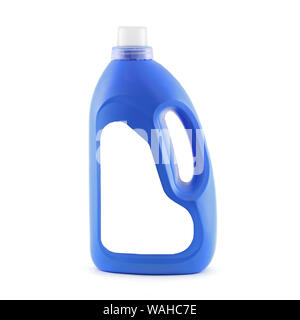 Kunststoffbehälter für Haushalt chemische. Blaue Flasche von Waschpulver auf weißem Hintergrund. Es hat einen weißen Aufkleber für Ihr Bild und Text. Stockfoto