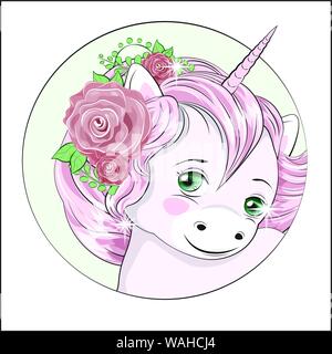 Lustige kleine Pony Einhorn mit langen Haaren, und mit Blume im Haar Stock Vektor