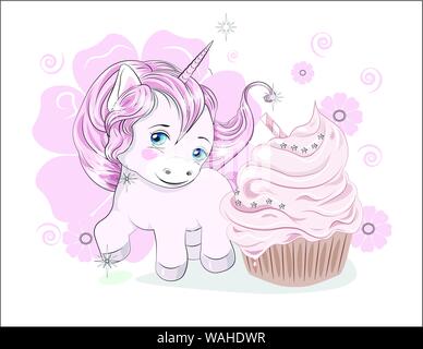 Lustige kleine Pony Einhorn mit langen Haaren, und Cupcake Stock Vektor